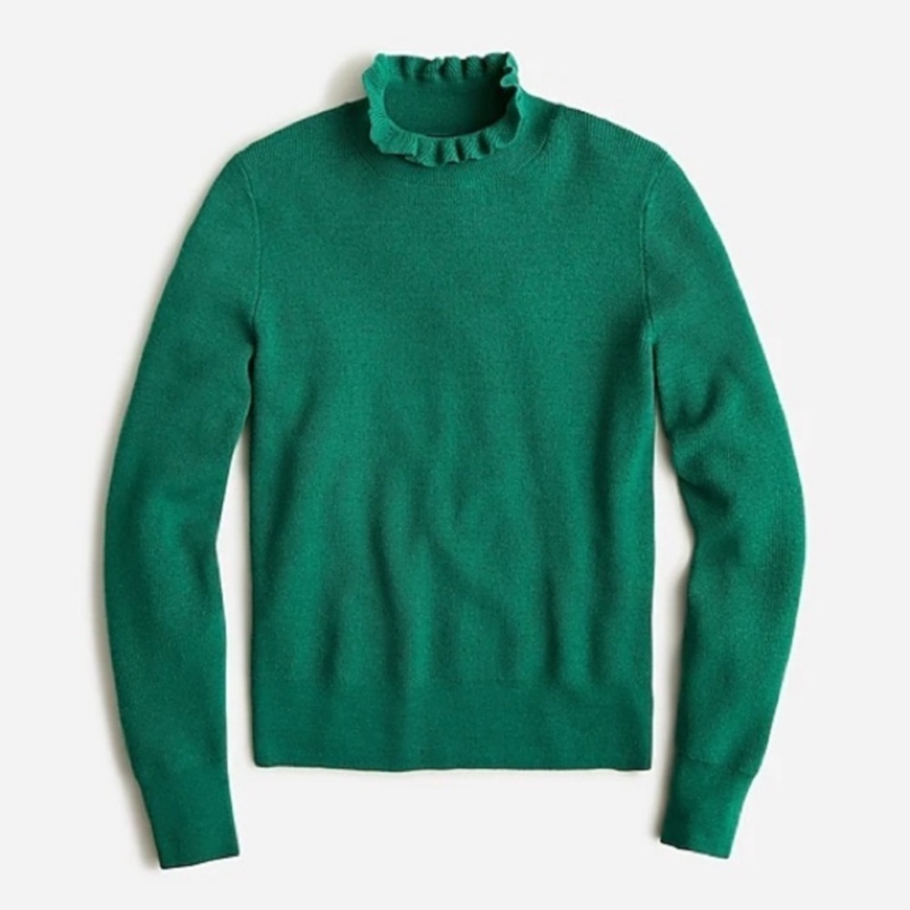 J Crew || Ruffleneck Merino Wool Sweater High Ruffle Neck‎ Green XS